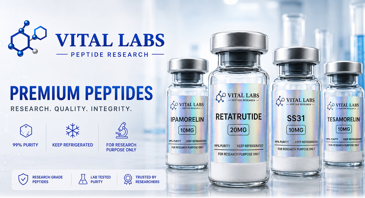 Vital Labs research peptide vials — Ipamorelin, Retatrutide, SS31 and Tesamorelin, lyophilized with crimp seals